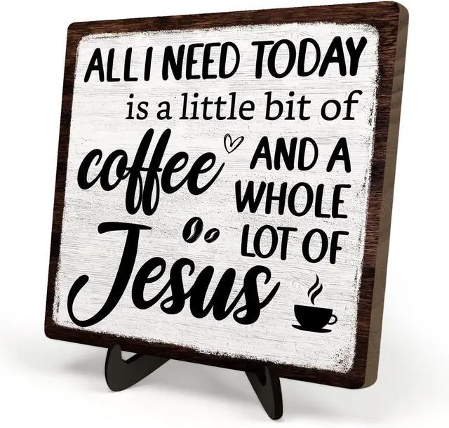 Main image of Coffee Bar Plaque, Vintage Desk Decor for Home or Office,Cafe Bar Sign - All I Need Today is a Little Bit of Coffee and A Whole Lot of Jesus,Christian Kitchen Accessories 5.9x5.9IN(White-coffee)