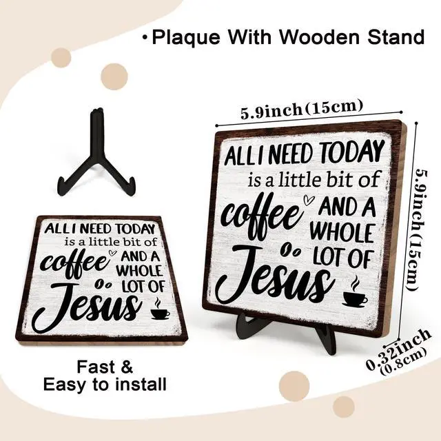 Alt view image 2 of 6 - Coffee Bar Plaque, Vintage Desk Decor for Home or Office,Cafe Bar Sign - All I Need Today is a Little Bit of Coffee and A Whole Lot of Jesus,Christian Kitchen Accessories 5.9x5.9IN(White-coffee)