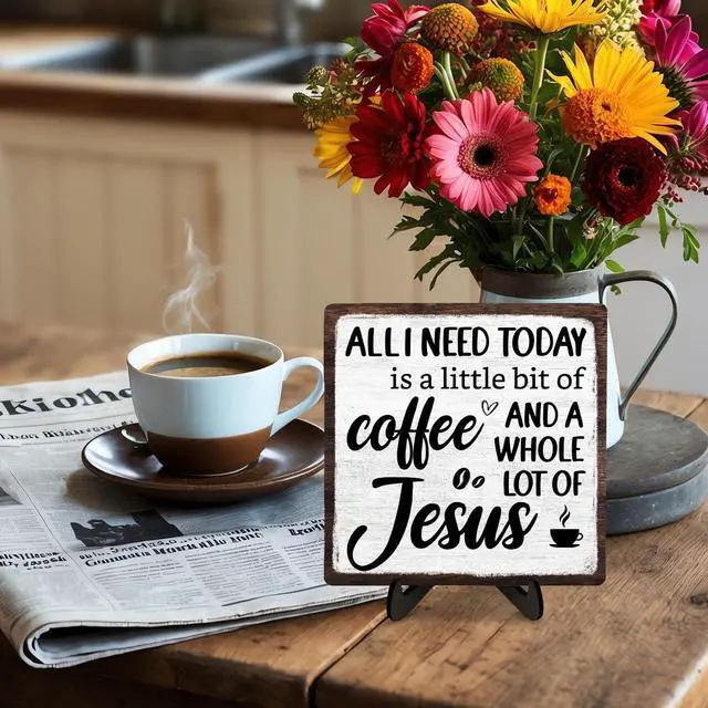 Alt view image 3 of 6 - Coffee Bar Plaque, Vintage Desk Decor for Home or Office,Cafe Bar Sign - All I Need Today is a Little Bit of Coffee and A Whole Lot of Jesus,Christian Kitchen Accessories 5.9x5.9IN(White-coffee)