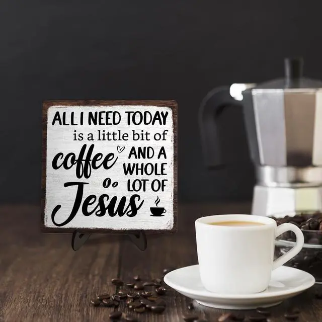 Alt view image 5 of 6 - Coffee Bar Plaque, Vintage Desk Decor for Home or Office,Cafe Bar Sign - All I Need Today is a Little Bit of Coffee and A Whole Lot of Jesus,Christian Kitchen Accessories 5.9x5.9IN(White-coffee)