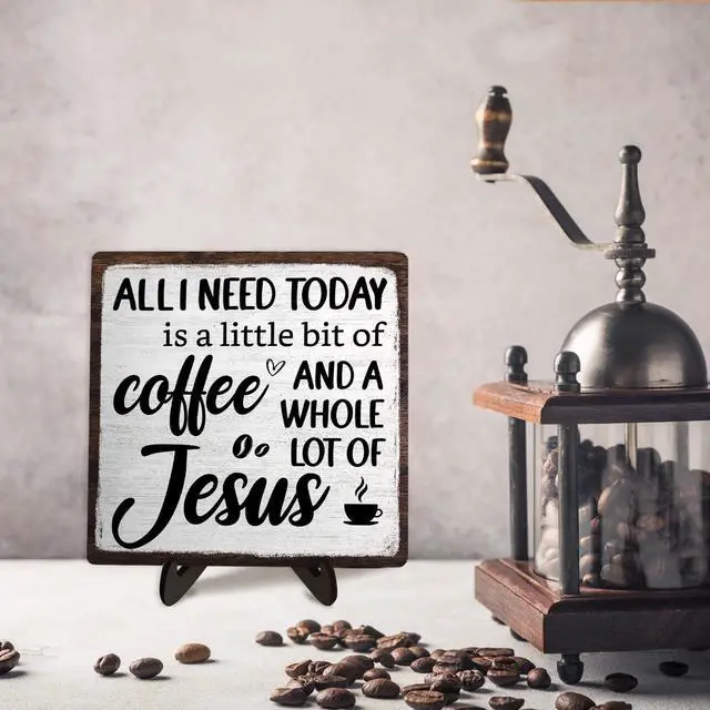 Alt view image 6 of 6 - Coffee Bar Plaque, Vintage Desk Decor for Home or Office,Cafe Bar Sign - All I Need Today is a Little Bit of Coffee and A Whole Lot of Jesus,Christian Kitchen Accessories 5.9x5.9IN(White-coffee)