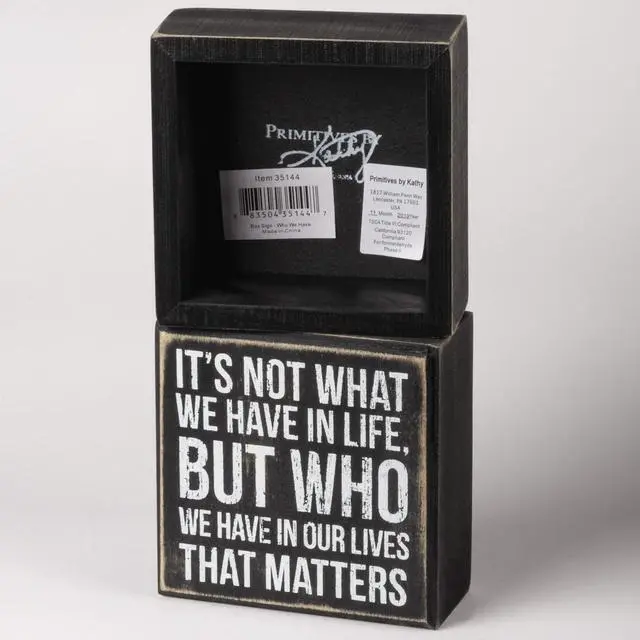 Alt view image 2 of 3 - Primitives by Kathy 35144 Classic Black and White Box Sign, 4 x 4-Inches, Who We Have