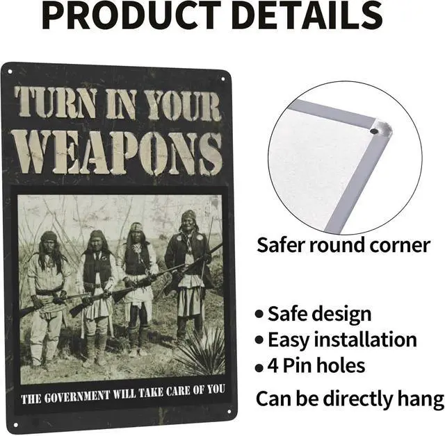 Alt view image 4 of 6 - Funny Man Cave Signs Vintage Wall Decor Decorative Metal Signs For Bar, Garage Turn in Your Weapons Plaques Tin Sign 12"x 8"