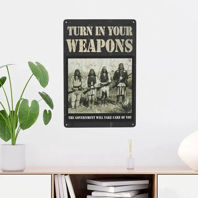 Alt view image 5 of 6 - Funny Man Cave Signs Vintage Wall Decor Decorative Metal Signs For Bar, Garage Turn in Your Weapons Plaques Tin Sign 12"x 8"