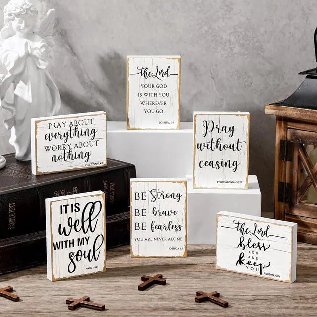 Alt view image 3 of 7 - Maitys 6 Pcs Bible Verse Mini Wood Signs Religious Sign, Classical Style