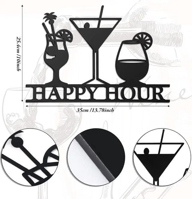 Alt view image 2 of 7 - Funrous Bar Sign Happy Hour Metal Wall Art for Home Dining Room, Black