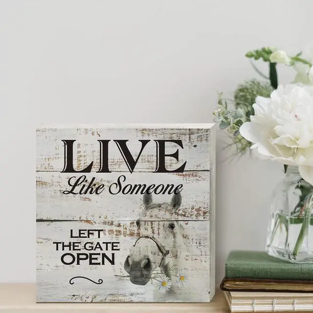 Alt view image 4 of 5 - Inspirational Wooden Box Sign Desk Decor Retro Live Like Someone Horse Wood Block Plaque with Quotes Rustic Box Sign for Home Living Room Office Shelf Table Decoration (5 X 5 Inch)