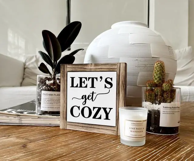 Alt view image 5 of 6 - Inspirational Wood Signs, Box Wood Plaques Desk Décor, Farmhouse Home Decor Sign for Shelf, Family Table Decor for Kitchen Bedroom Dining Room, Living Room Decor, Housewarming Gift, Let's Get Cozy