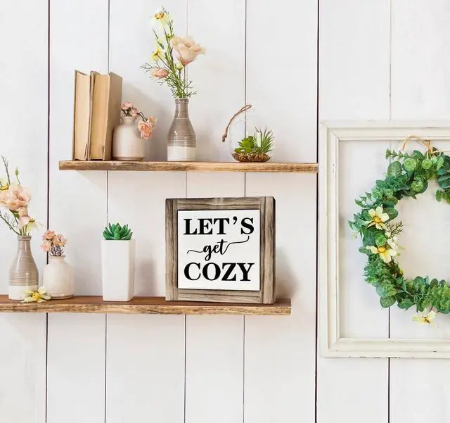 Alt view image 6 of 6 - Inspirational Wood Signs, Box Wood Plaques Desk Décor, Farmhouse Home Decor Sign for Shelf, Family Table Decor for Kitchen Bedroom Dining Room, Living Room Decor, Housewarming Gift, Let's Get Cozy