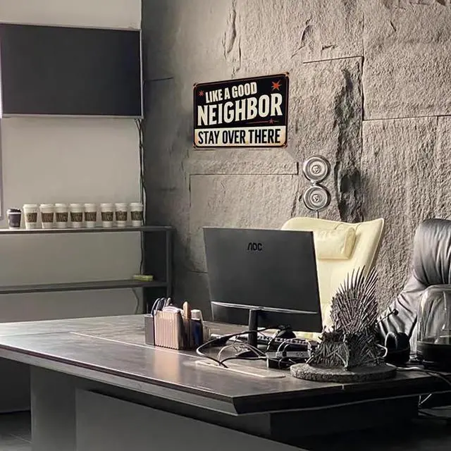 Alt view image 5 of 7 - ERLOOD Like a Good Neighbor, Stay Over There Free Metal Tin Sign Funny Outdoor Road Yard Outside Sign Vintage Decor 12 X 8