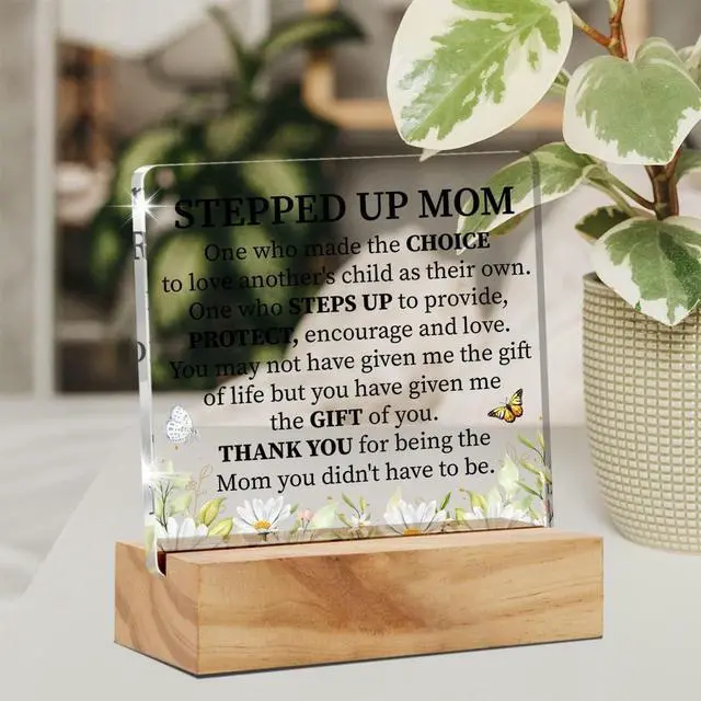 Alt view image 3 of 5 - Acrylic Stepmother Gift Stepmom Desk Decor Present, Floral Stepped Up Mom Thank You Decorative Clear Acrylic Desk Plaque Sign with Wood Stand for Home Birthday Mother's Day Xmas