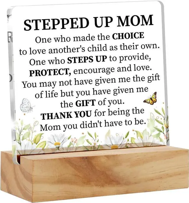 Main image of Acrylic Stepmother Gift Stepmom Desk Decor Present, Floral Stepped Up Mom Thank You Decorative Clear Acrylic Desk Plaque Sign with Wood Stand for Home Birthday Mother's Day Xmas