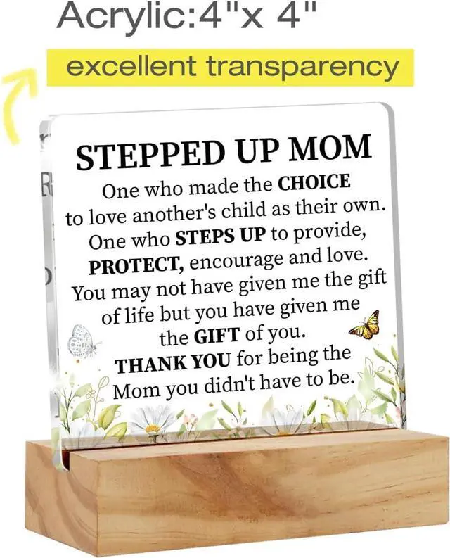 Alt view image 2 of 5 - Acrylic Stepmother Gift Stepmom Desk Decor Present, Floral Stepped Up Mom Thank You Decorative Clear Acrylic Desk Plaque Sign with Wood Stand for Home Birthday Mother's Day Xmas