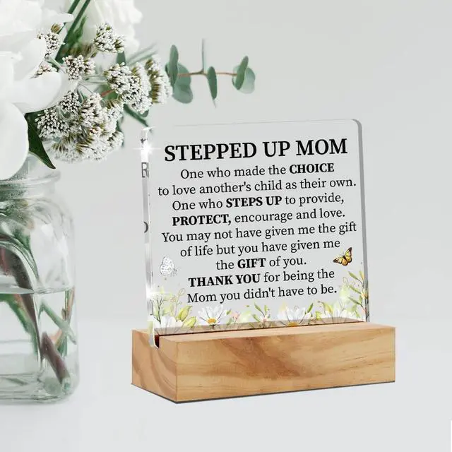 Alt view image 4 of 5 - Acrylic Stepmother Gift Stepmom Desk Decor Present, Floral Stepped Up Mom Thank You Decorative Clear Acrylic Desk Plaque Sign with Wood Stand for Home Birthday Mother's Day Xmas