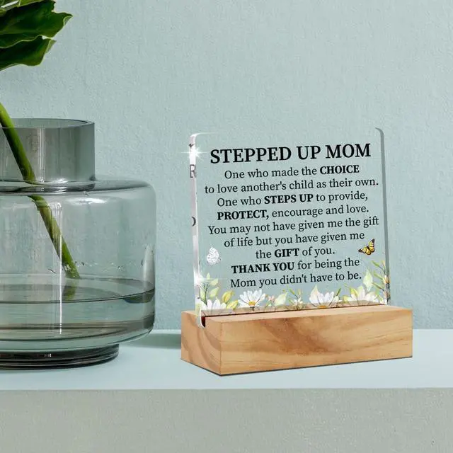 Alt view image 5 of 5 - Acrylic Stepmother Gift Stepmom Desk Decor Present, Floral Stepped Up Mom Thank You Decorative Clear Acrylic Desk Plaque Sign with Wood Stand for Home Birthday Mother's Day Xmas