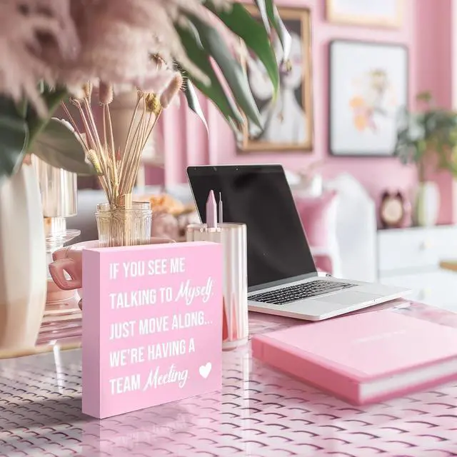 Alt view image 4 of 7 - LVQHI Talking to Myself Team Meeting Wood Sign Pink Office Desk Decor
