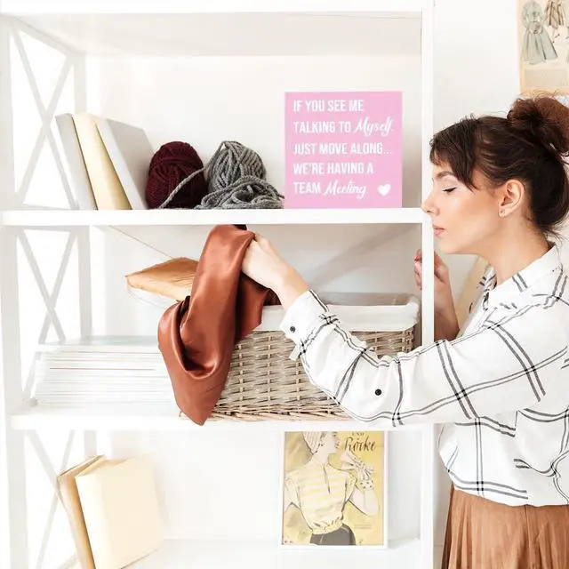 Alt view image 5 of 7 - LVQHI Talking to Myself Team Meeting Wood Sign Pink Office Desk Decor