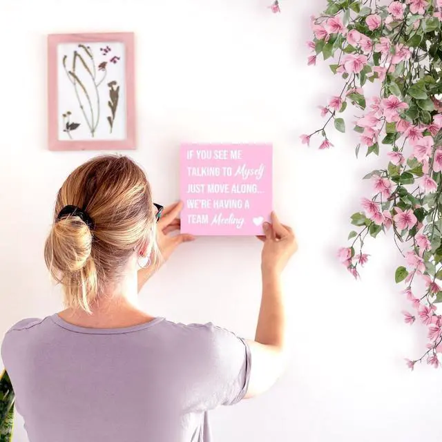 Alt view image 6 of 7 - LVQHI Talking to Myself Team Meeting Wood Sign Pink Office Desk Decor