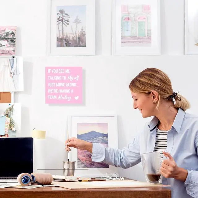 Alt view image 7 of 7 - LVQHI Talking to Myself Team Meeting Wood Sign Pink Office Desk Decor