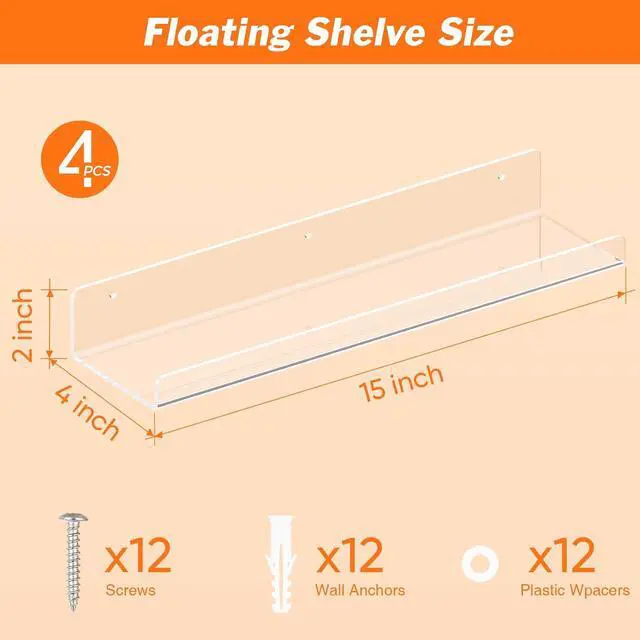 Alt view image 3 of 6 - Dooiclear 4 Pack Floating Shelves for Wall, 15" Clear Floating Wall Shelf