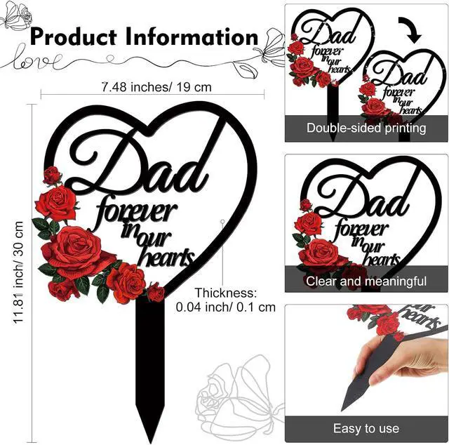 Alt view image 2 of 7 - Pinkunn Dad Memorial Stakes Grave Cemetery Decorations Heart Metal