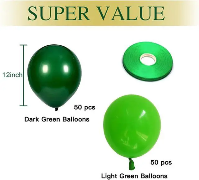 Alt view image 2 of 7 - Zesliwy Green Latex Party Balloons, 100pcs 12 inch Dark Green Balloons And Light Green Balloons with Green Ribbon for Jungle Safari Theme Birthday Party St. Patrick's Day Party