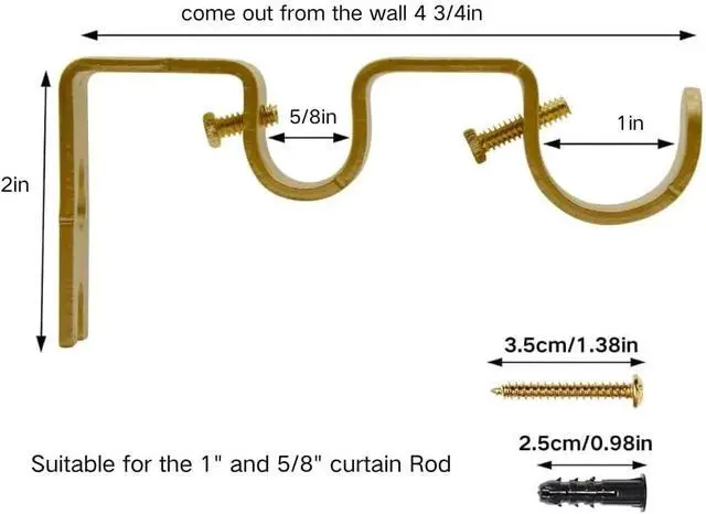 Alt view image 2 of 7 - Double Curtain Rod Bracket - 3pack Gold Adjustable Double Hanging Brackets for Window & Wall, Curtain Rod Hooks Compatible with 1 Inch & 5/8 Inch Rods, Iron Gold Finish