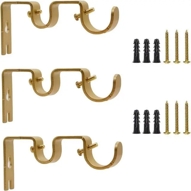 Alt view image 5 of 7 - Double Curtain Rod Bracket - 3pack Gold Adjustable Double Hanging Brackets for Window & Wall, Curtain Rod Hooks Compatible with 1 Inch & 5/8 Inch Rods, Iron Gold Finish