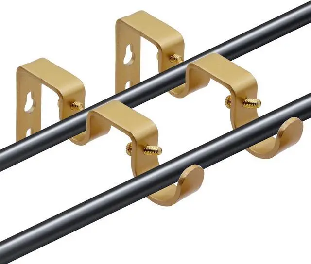 Alt view image 6 of 7 - Double Curtain Rod Bracket - 3pack Gold Adjustable Double Hanging Brackets for Window & Wall, Curtain Rod Hooks Compatible with 1 Inch & 5/8 Inch Rods, Iron Gold Finish