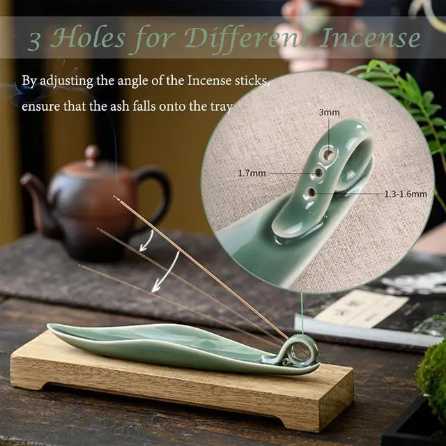 Alt view image 3 of 7 - 9" Length Incense Stick Holder with 3 Holes, White Porcelain Incense Tray Ash Cather for Spa, Meditation Room, Yoga, Home, Office (Green)