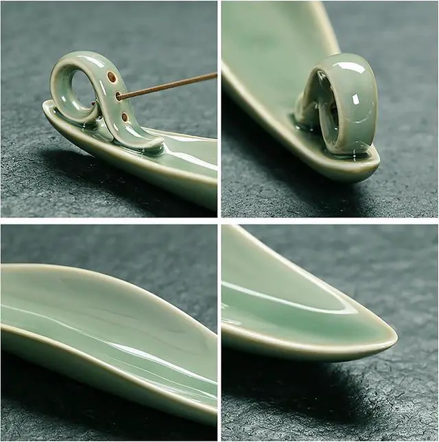 Alt view image 4 of 7 - 9" Length Incense Stick Holder with 3 Holes, White Porcelain Incense Tray Ash Cather for Spa, Meditation Room, Yoga, Home, Office (Green)