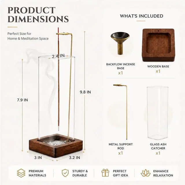 Alt view image 2 of 6 - Square Glass Incense Holder, Hanging Incense Burner with Wooden Base