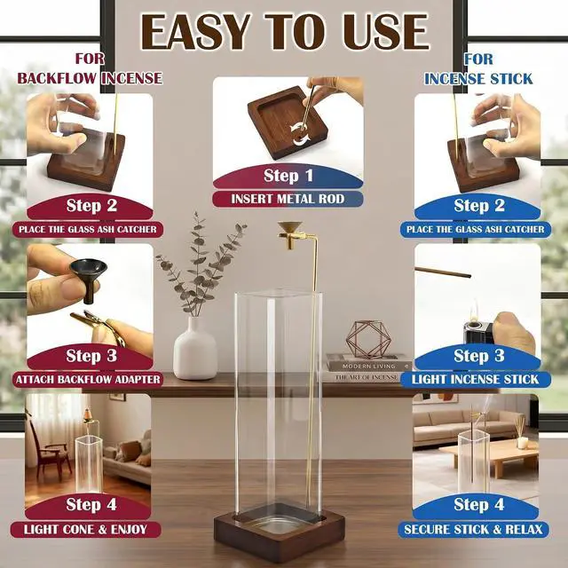 Alt view image 4 of 6 - Square Glass Incense Holder, Hanging Incense Burner with Wooden Base