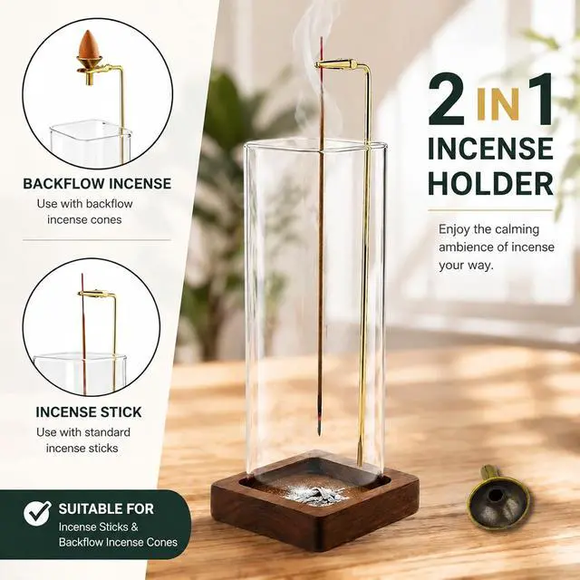 Alt view image 3 of 6 - Square Glass Incense Holder, Hanging Incense Burner with Wooden Base