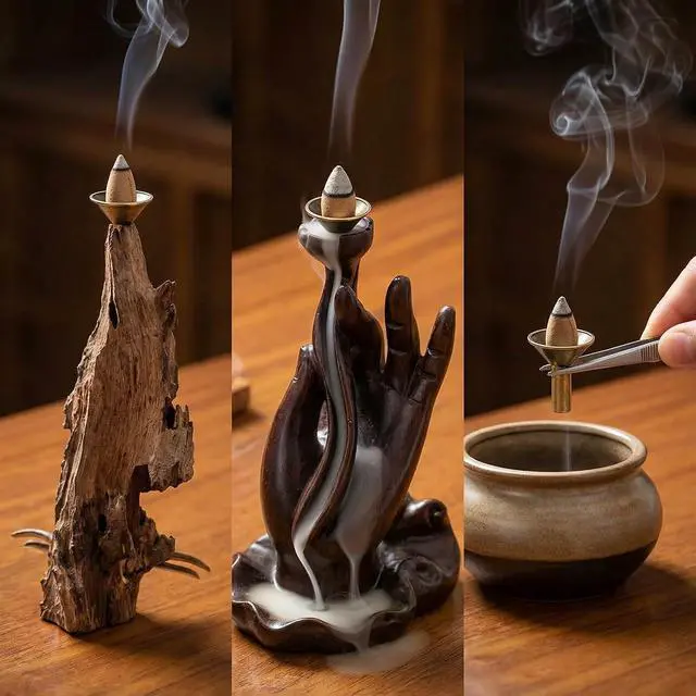 Alt view image 5 of 7 - 3Pcs Backflow Incense Holder Alloy Cone Burner Cones Sticks Ash Catcher Base Protector Retro Funnel Stand Mini Censer Tray Rack for Incense
