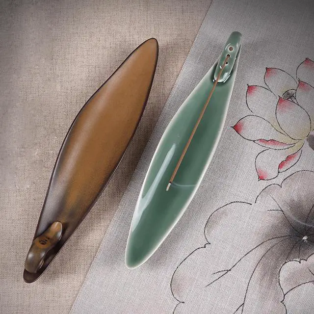 Alt view image 2 of 7 - 9" Length Incense Stick Holder with 3 Holes, White Porcelain Incense Tray Ash Cather for Spa, Meditation Room, Yoga, Home, Office (Green)