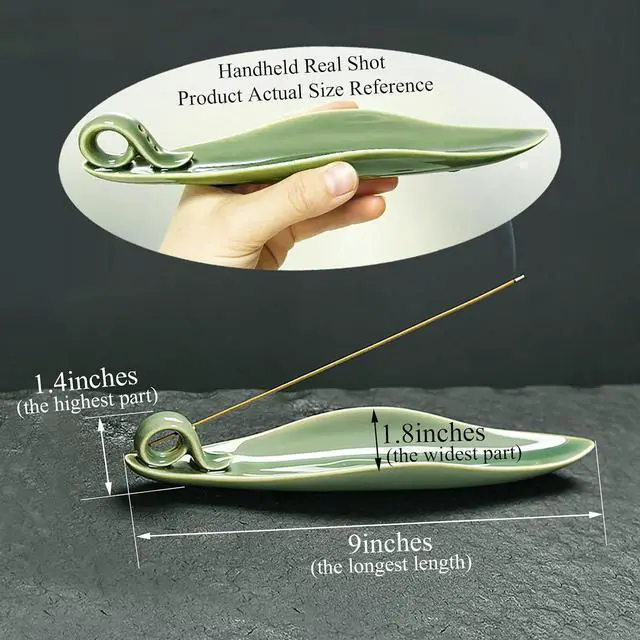 Alt view image 5 of 7 - 9" Length Incense Stick Holder with 3 Holes, White Porcelain Incense Tray Ash Cather for Spa, Meditation Room, Yoga, Home, Office (Green)