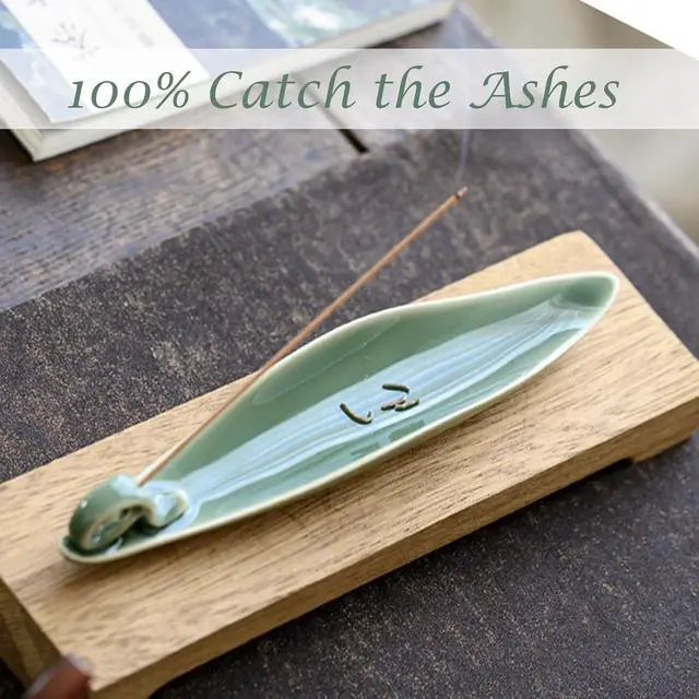 Alt view image 6 of 7 - 9" Length Incense Stick Holder with 3 Holes, White Porcelain Incense Tray Ash Cather for Spa, Meditation Room, Yoga, Home, Office (Green)