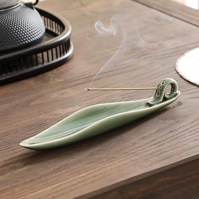 Alt view image 7 of 7 - 9" Length Incense Stick Holder with 3 Holes, White Porcelain Incense Tray Ash Cather for Spa, Meditation Room, Yoga, Home, Office (Green)