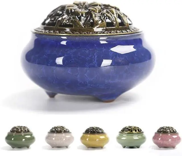 Main image of Colorful Ceramic Ice Cracked Incense Burner, Household Incense Holder, Zen Buddha Cone Coil Stick Incense Base with Cover (Green)