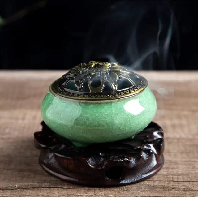 Alt view image 2 of 6 - Colorful Ceramic Ice Cracked Incense Burner, Household Incense Holder, Zen Buddha Cone Coil Stick Incense Base with Cover (Green)