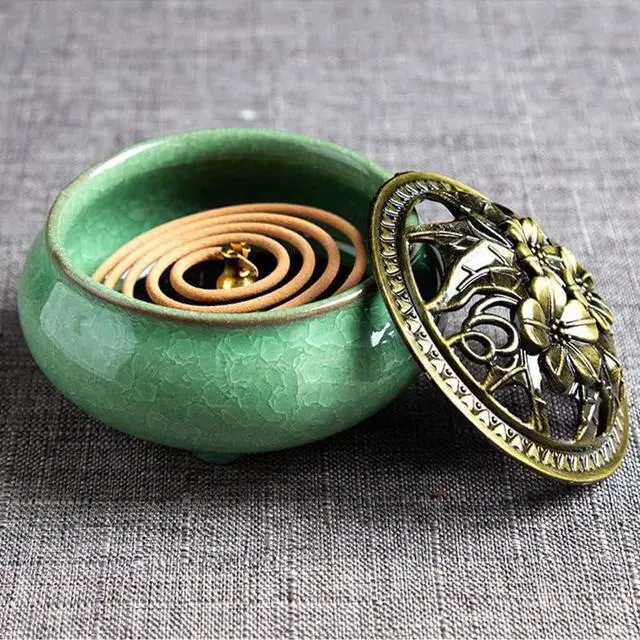 Alt view image 3 of 6 - Colorful Ceramic Ice Cracked Incense Burner, Household Incense Holder, Zen Buddha Cone Coil Stick Incense Base with Cover (Green)