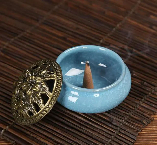 Alt view image 4 of 6 - Colorful Ceramic Ice Cracked Incense Burner, Household Incense Holder, Zen Buddha Cone Coil Stick Incense Base with Cover (Green)