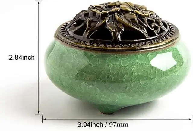 Alt view image 6 of 6 - Colorful Ceramic Ice Cracked Incense Burner, Household Incense Holder, Zen Buddha Cone Coil Stick Incense Base with Cover (Green)