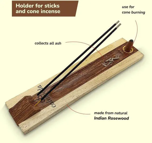 Alt view image 5 of 6 - CALMVEDA Rosewood Incense Holder for 2 Sticks & Cones - 11 inch, Handmade