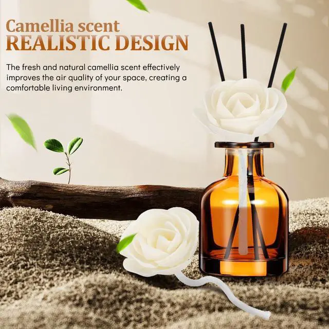Alt view image 5 of 7 - 2Pcs Camellia Flower Diffuser Sticks with Cotton Wick Beige Floral Reed Diffuser for Essential Oils Home Office Scented Room Fragrance Decor