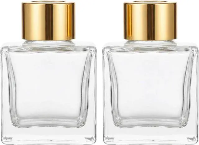 Main image of 2Pcs 50ml/1.7oz Empty Refillable Clear Square Glass Diffuser Bottle with Gold Cap Room Fragrance Diffuser Decorative Essential Oil Jars Containers for Home Office Desk Decor