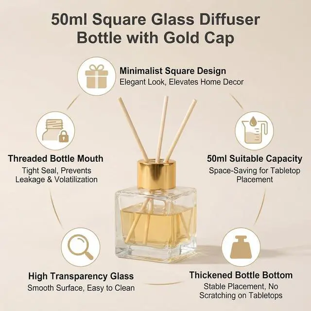 Alt view image 3 of 7 - 2Pcs 50ml/1.7oz Empty Refillable Clear Square Glass Diffuser Bottle with Gold Cap Room Fragrance Diffuser Decorative Essential Oil Jars Containers for Home Office Desk Decor