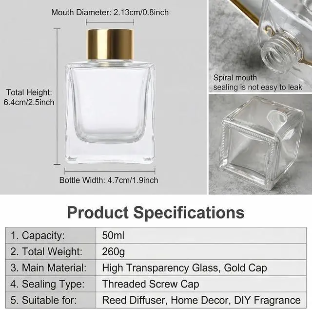 Alt view image 2 of 7 - 2Pcs 50ml/1.7oz Empty Refillable Clear Square Glass Diffuser Bottle with Gold Cap Room Fragrance Diffuser Decorative Essential Oil Jars Containers for Home Office Desk Decor