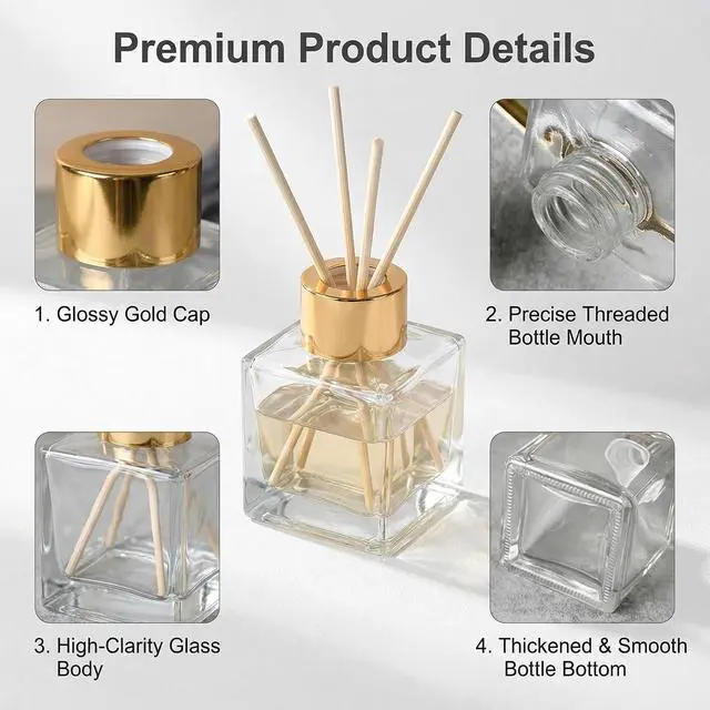 Alt view image 4 of 7 - 2Pcs 50ml/1.7oz Empty Refillable Clear Square Glass Diffuser Bottle with Gold Cap Room Fragrance Diffuser Decorative Essential Oil Jars Containers for Home Office Desk Decor